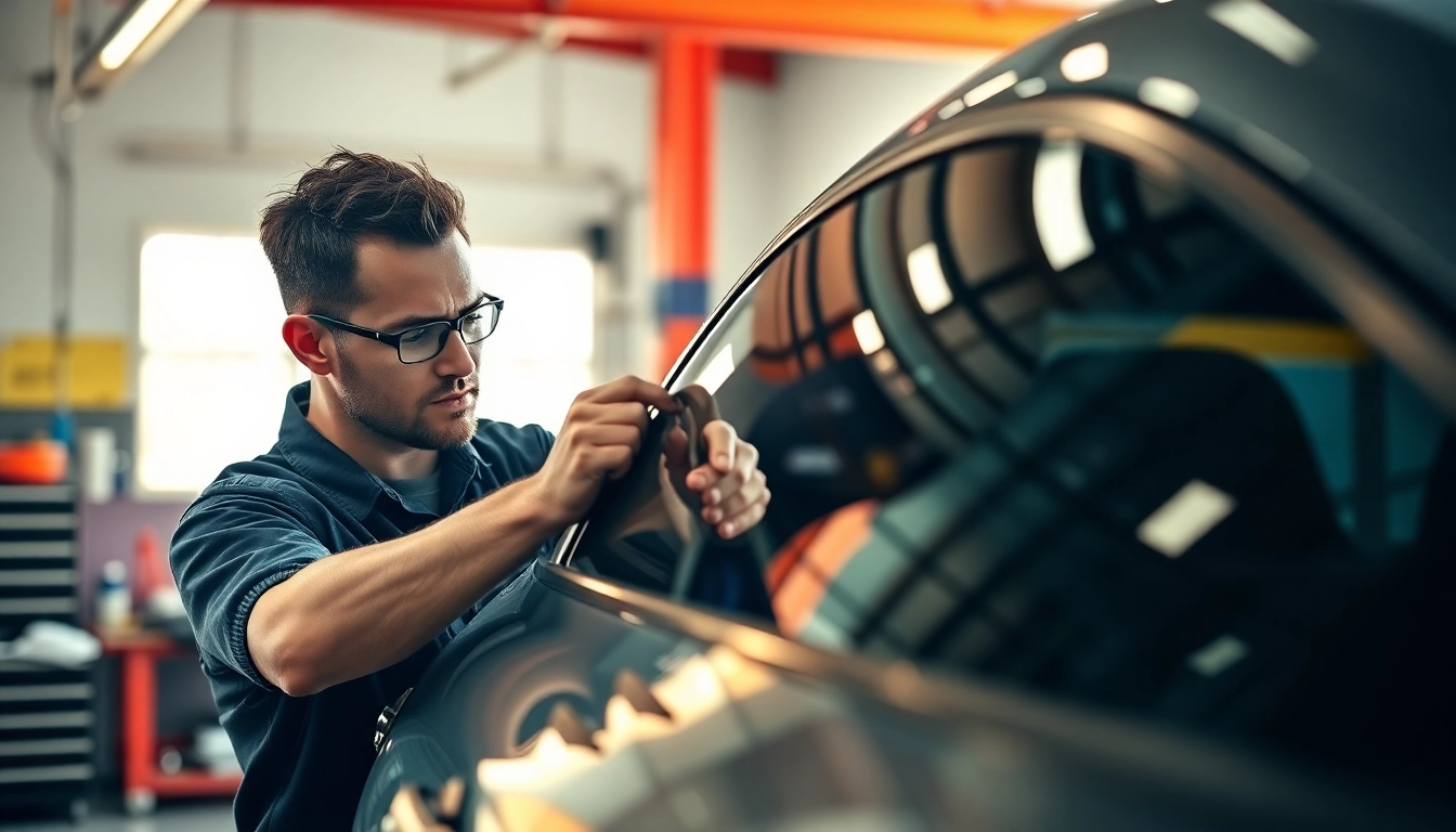 Apply window tint near me with expert precision in a modern garage, showcasing bright lighting.