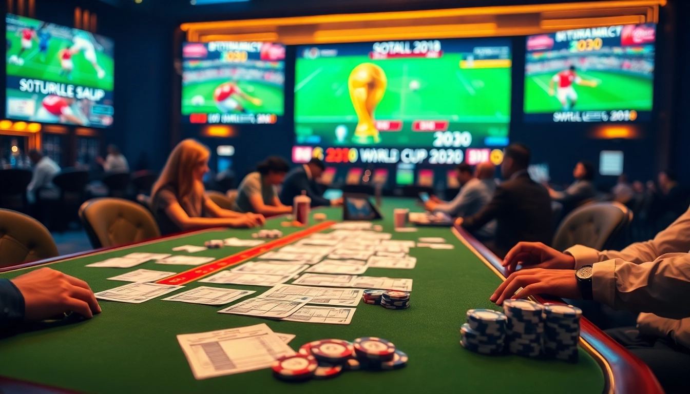 Situs Judi Bola Piala Dunia 2030 features players engaging in sports betting at a high-end casino table.