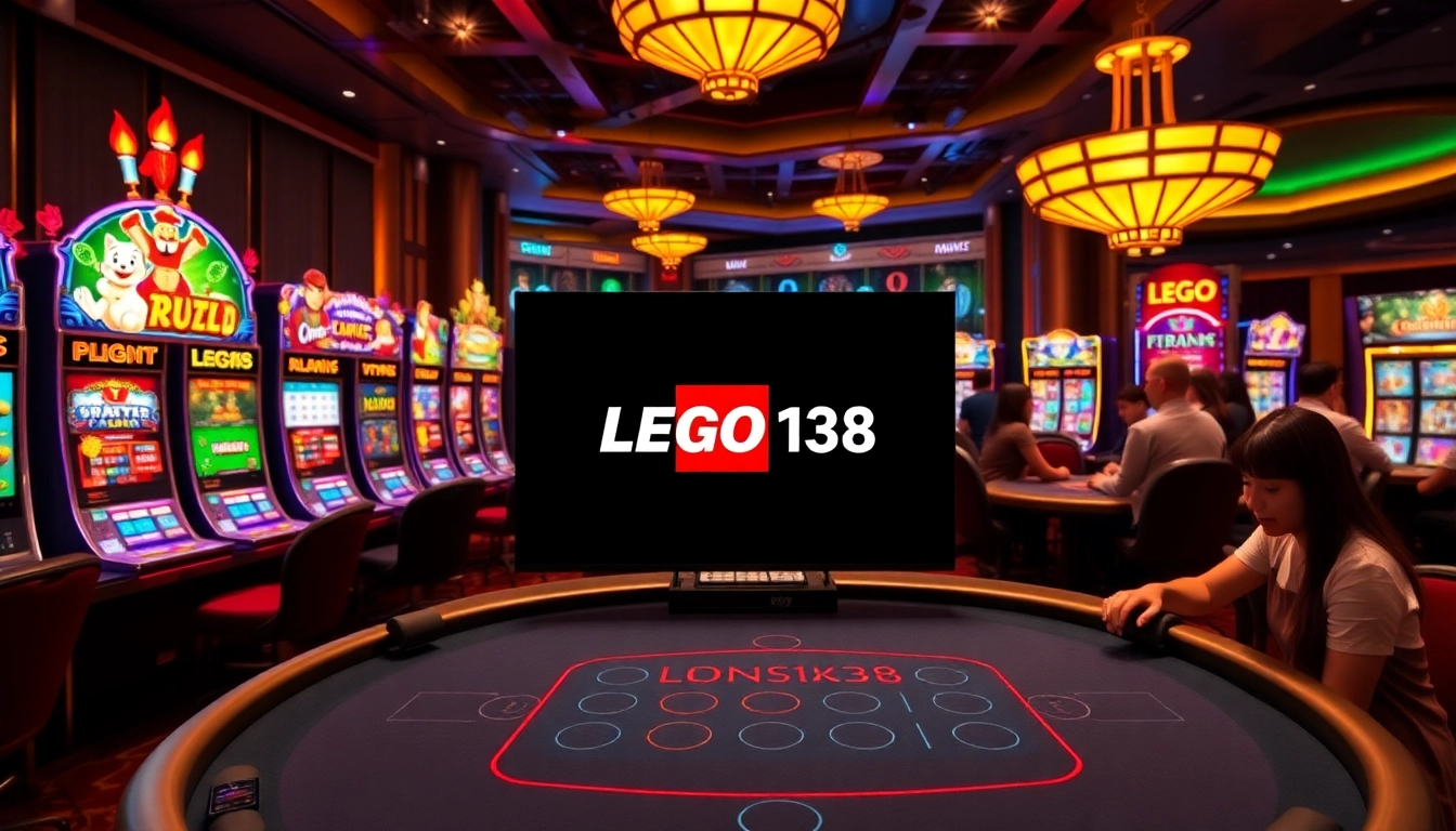 Experience thrilling gaming at LEGO138 daftar, showcasing a vibrant casino atmosphere with slot machines and poker tables.