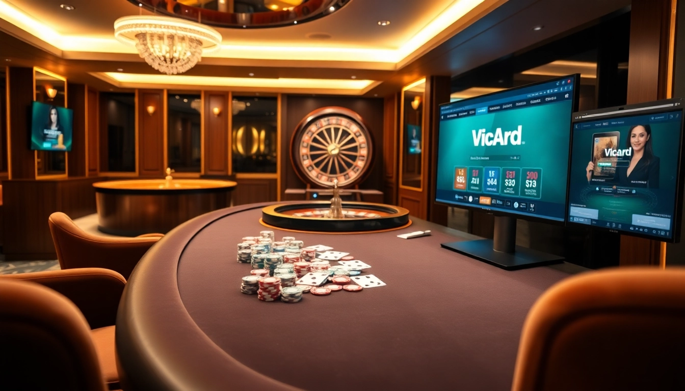 Engaging casino scene with poker table and roulette wheel inspired by https://viscard.de.com/ exhilarating games.