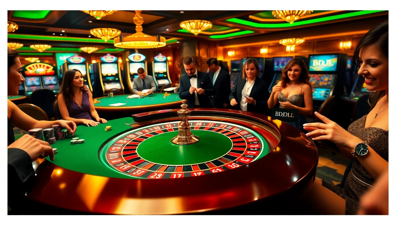 Thrilled gamblers at a roulette table, showcasing BDJL alongside high-stakes poker chips and vibrant slot machines.