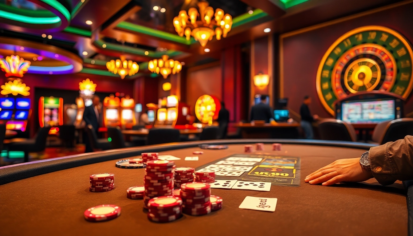 Engage in thrilling casino action with rr99-themed poker chips and vibrant slot machines.