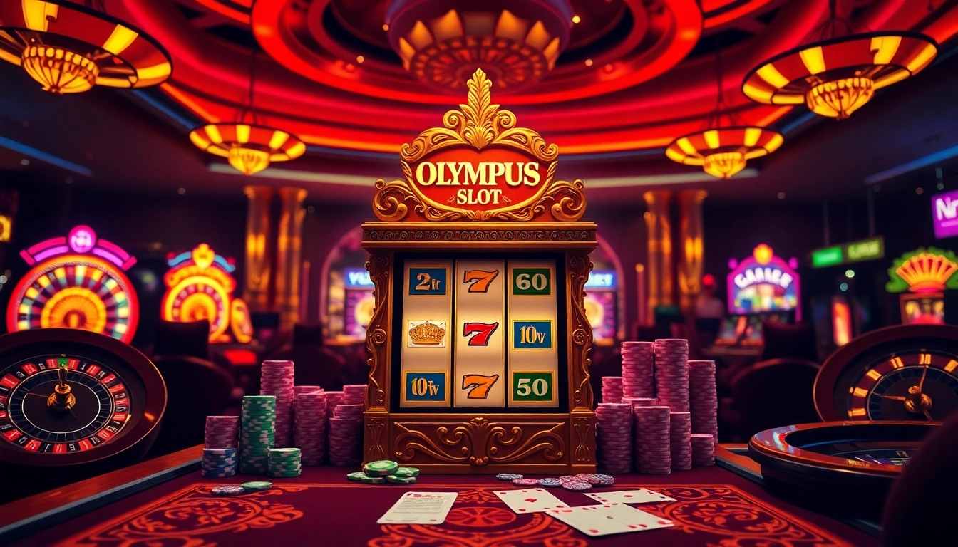 Spin the Olympus slot machine amidst a vibrant casino backdrop filled with chips and roulette wheels.