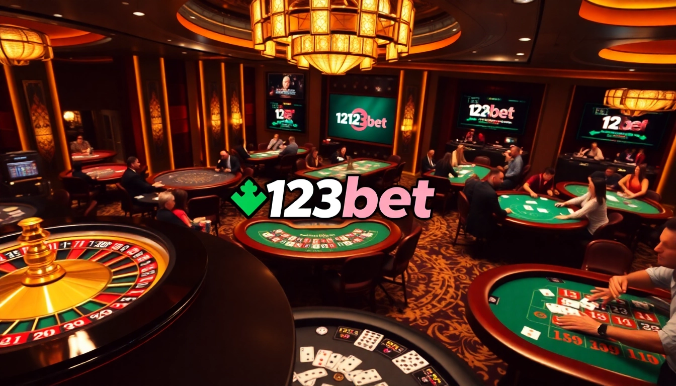 Engaged players enjoying high-stakes games at 123bet casino tables with vibrant chips and cards.