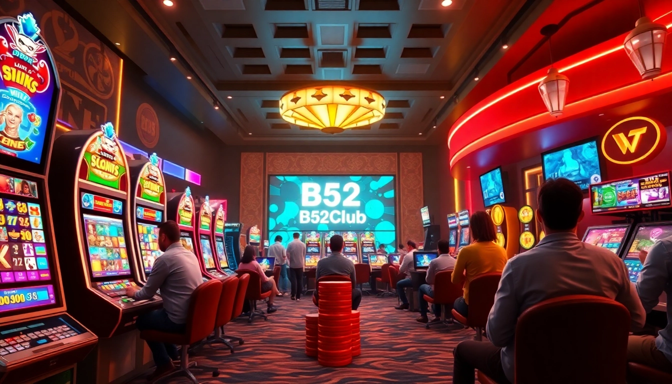 B52Club vibrant online gambling environment with colorful slot machines and card games, capturing excitement and engagement.