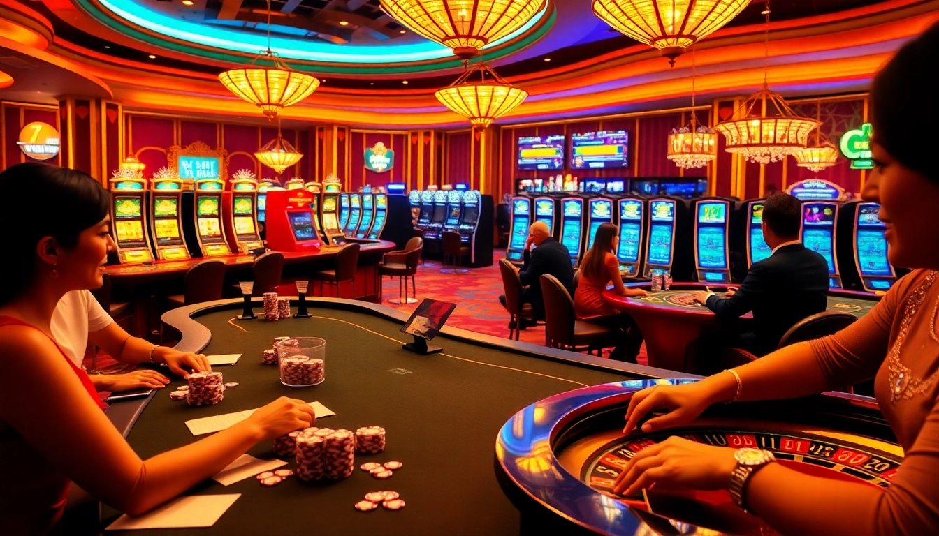 Exciting casino experience at 78winel.com featuring players at tables and colorful slot machines.