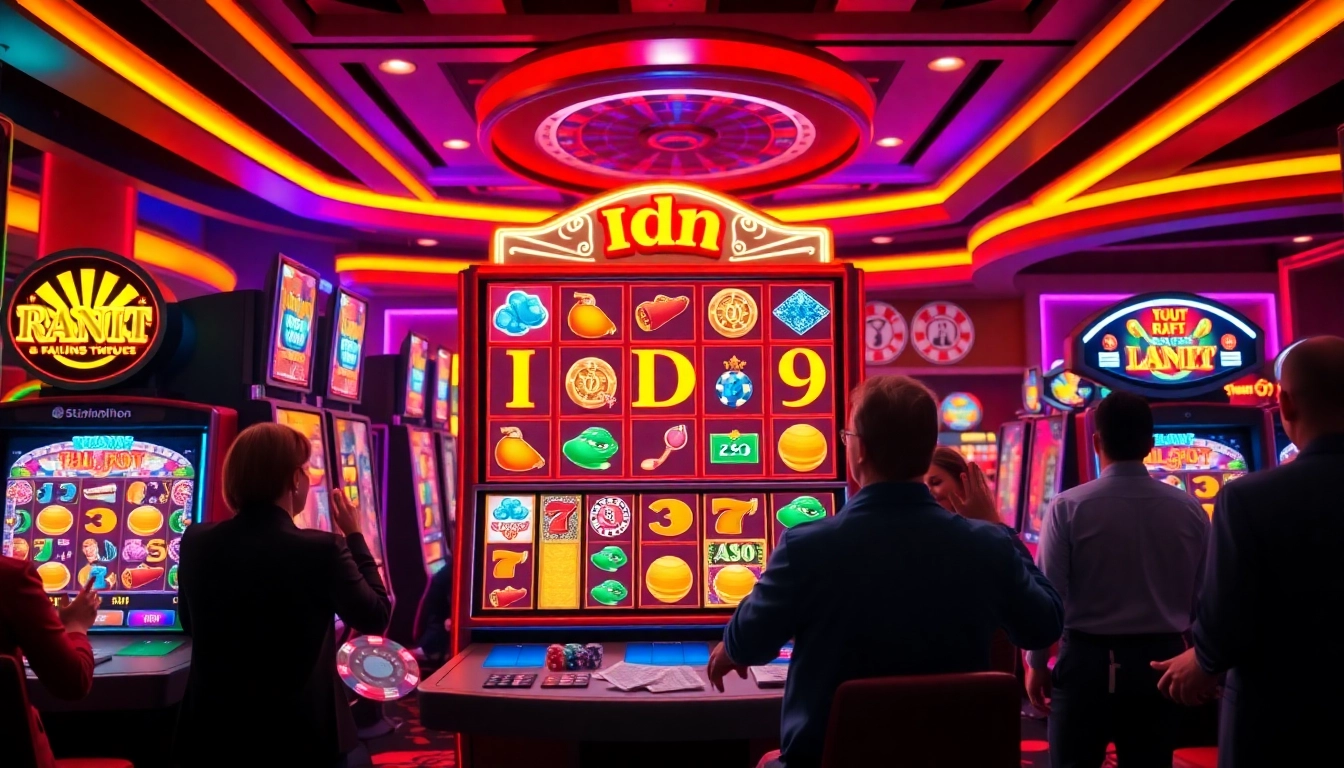 Players enjoying idn slot games at a dazzling casino with vibrant lights and exciting reels.