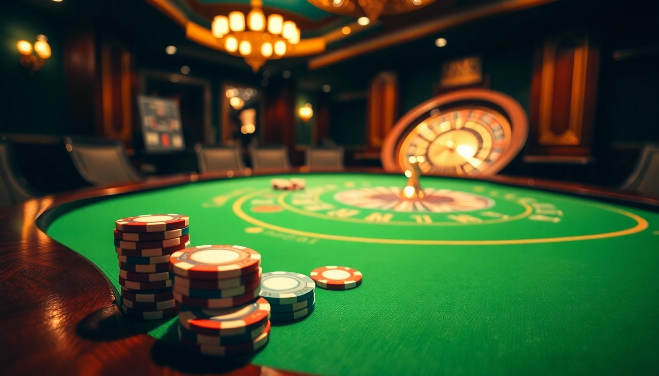 Engaging scene of a casino at https://mmoo1.de.com/ with poker chips and a roulette wheel, epitomizing excitement.