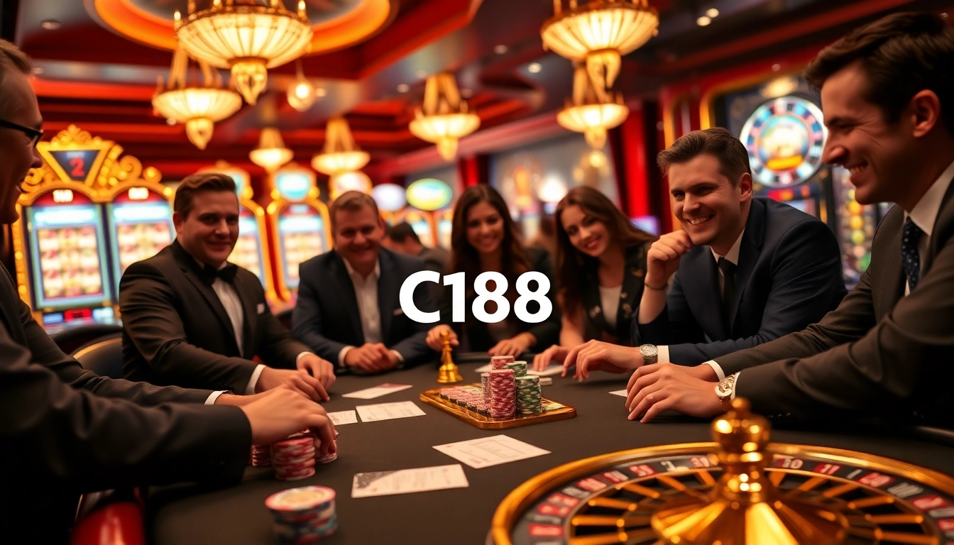 C168 casino scene with players enjoying blackjack and vibrant slot machines in a luxurious atmosphere.