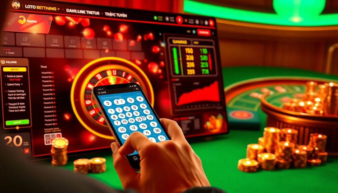 Lô đề trực tuyến displaying strategic betting slips and real-time lottery results on a luxury digital casino platform