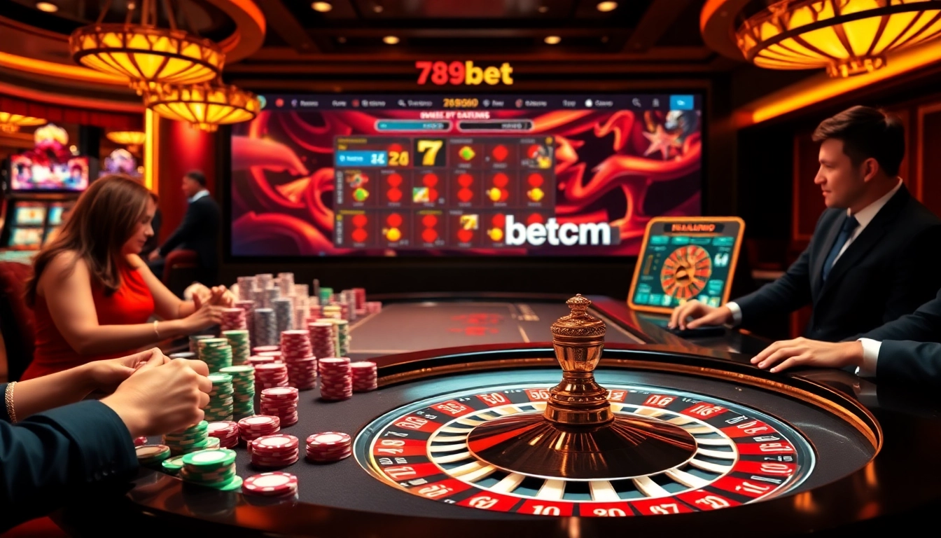 Engaging players betting at a vibrant 789betcom gaming table with poker chips and a roulette wheel.