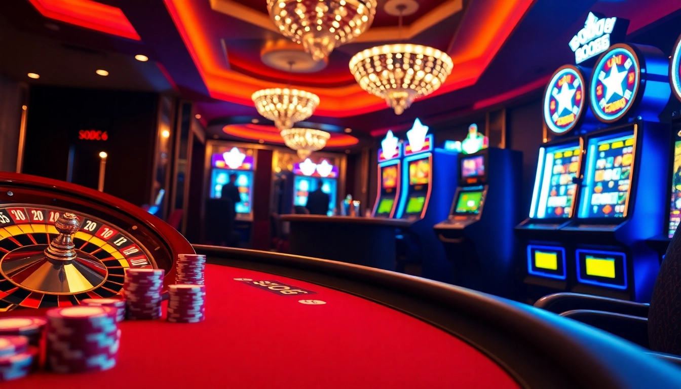 Experience the thrill of SODO66 in a luxurious casino scene featuring poker tables, slot machines, and roulette wheels.