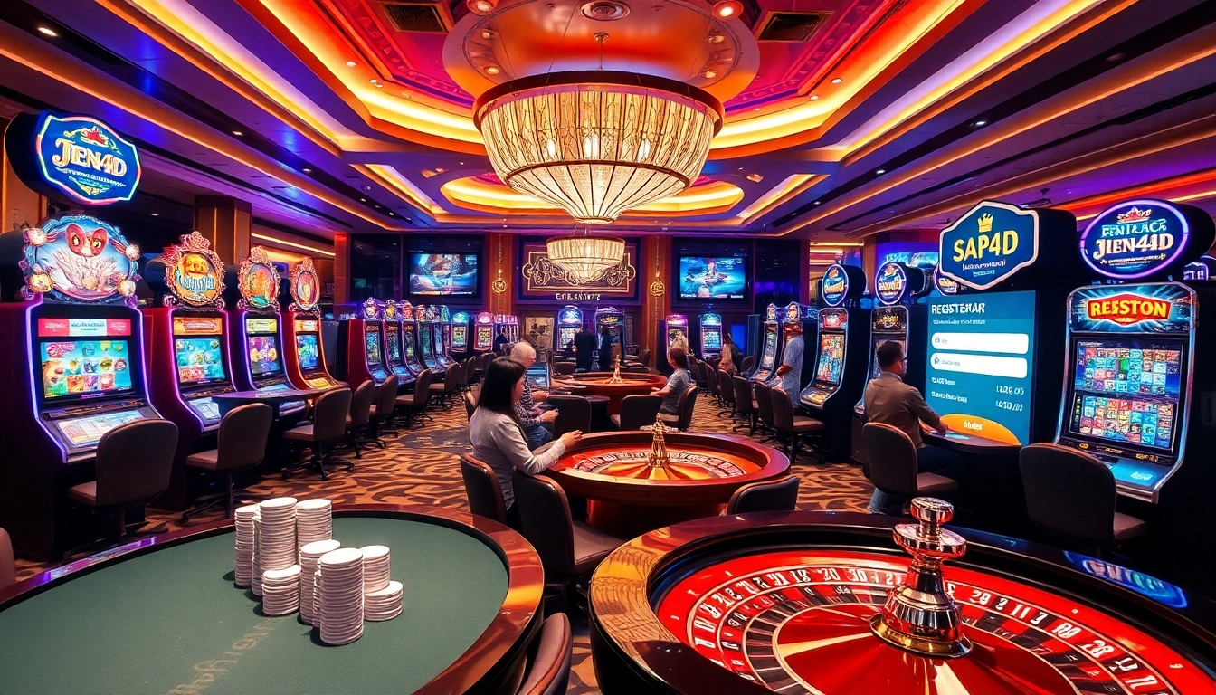 Players enjoying thrilling games at a luxurious casino with 'pen4d daftar' registration offer.