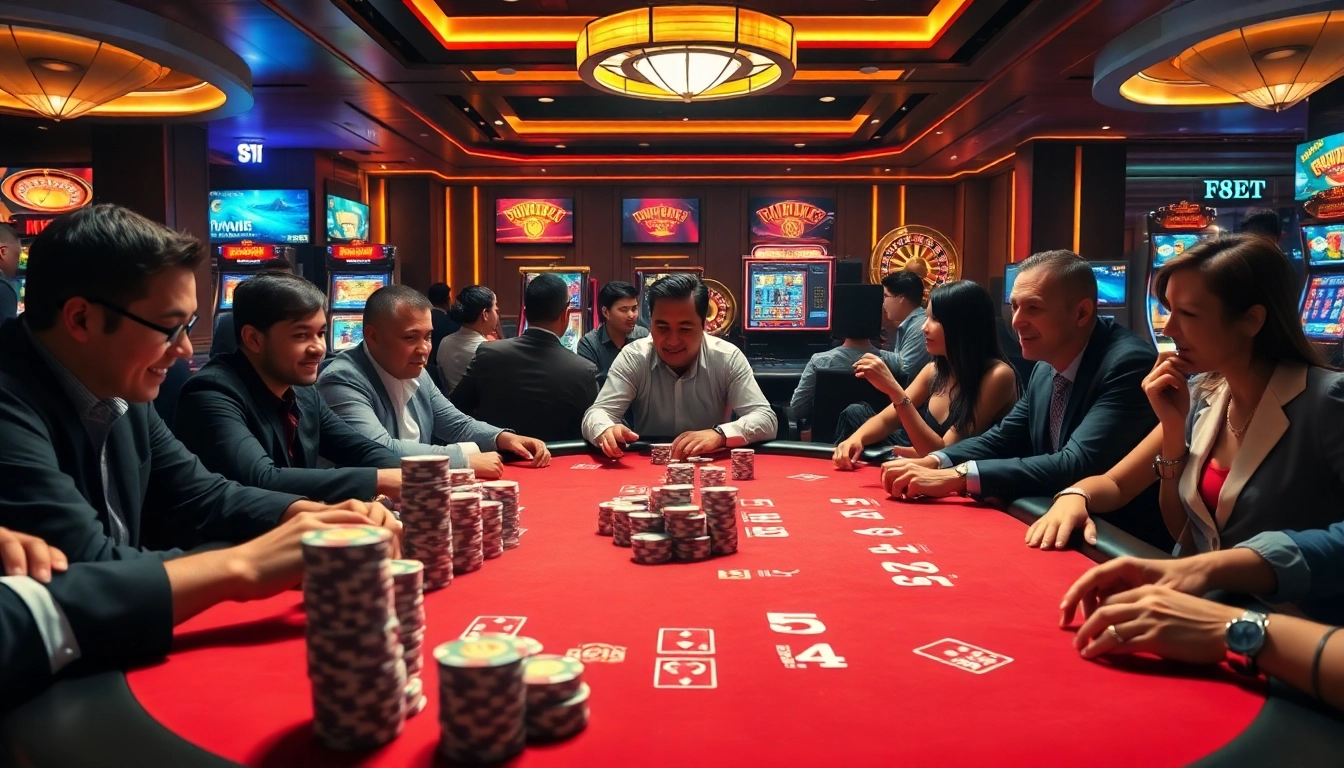 Experience high-stakes action at F8BET's luxurious poker table filled with vibrant chips and excited players.