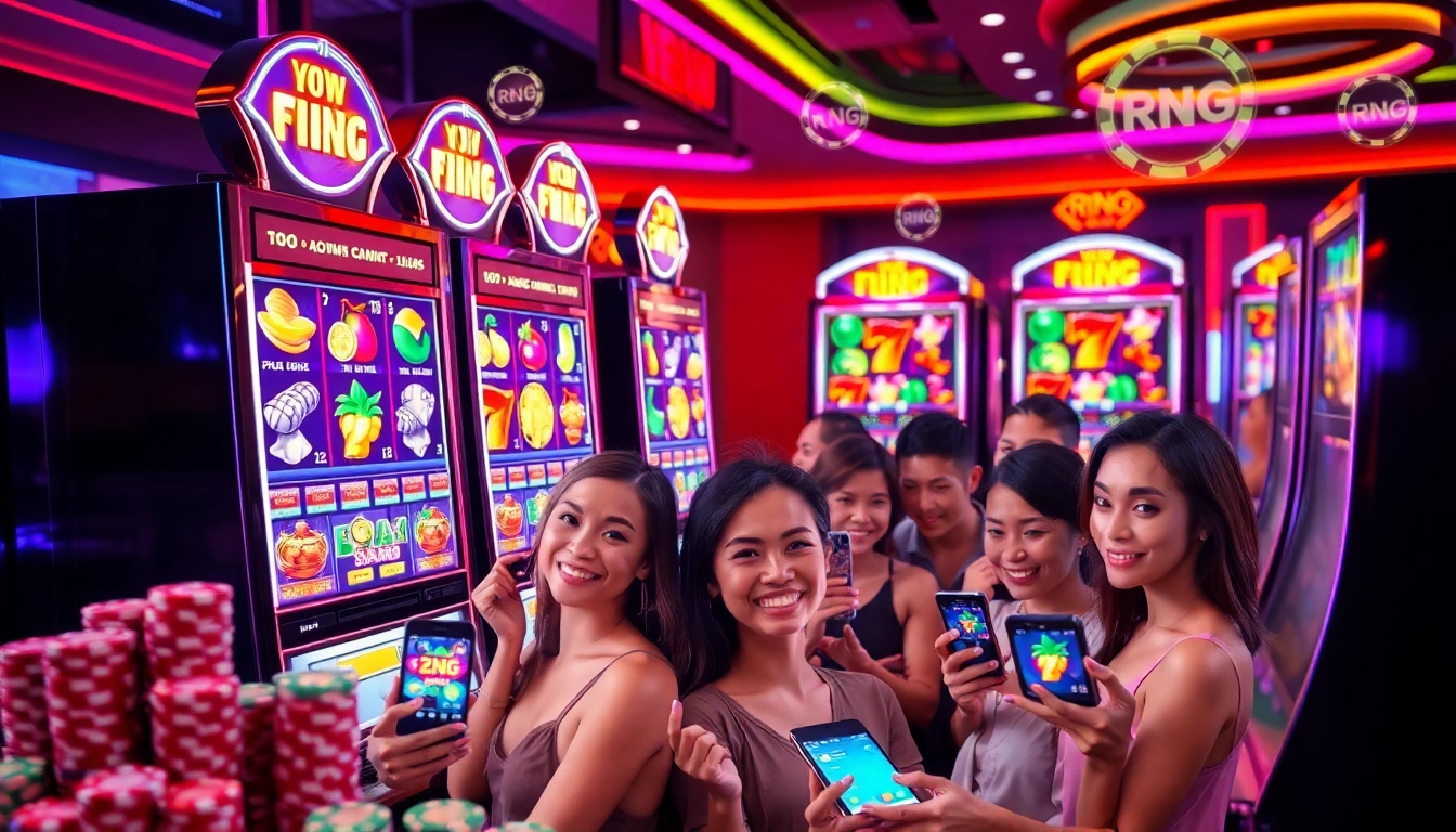 Player engaging with game nổ hũ slot machine showcasing dynamic jackpot spin in a high-tech casino