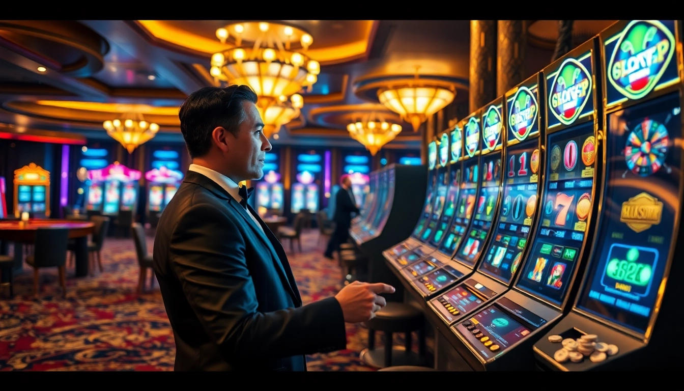 Berinteraksi dengan mesin slot gacor yang menarik di suasana kasino yang mewah.