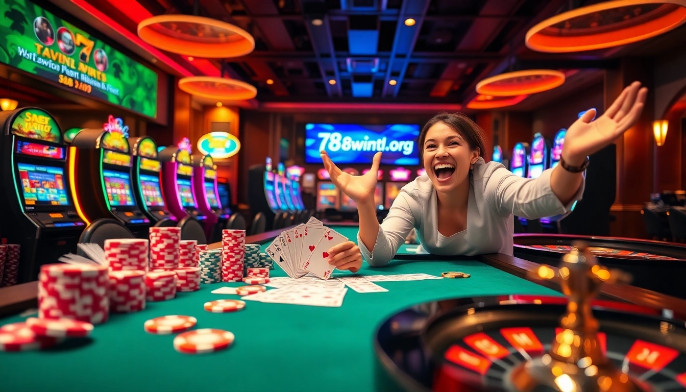 Gambler celebrating a win at the casino, highlighting excitement of 78wintl.org gaming.