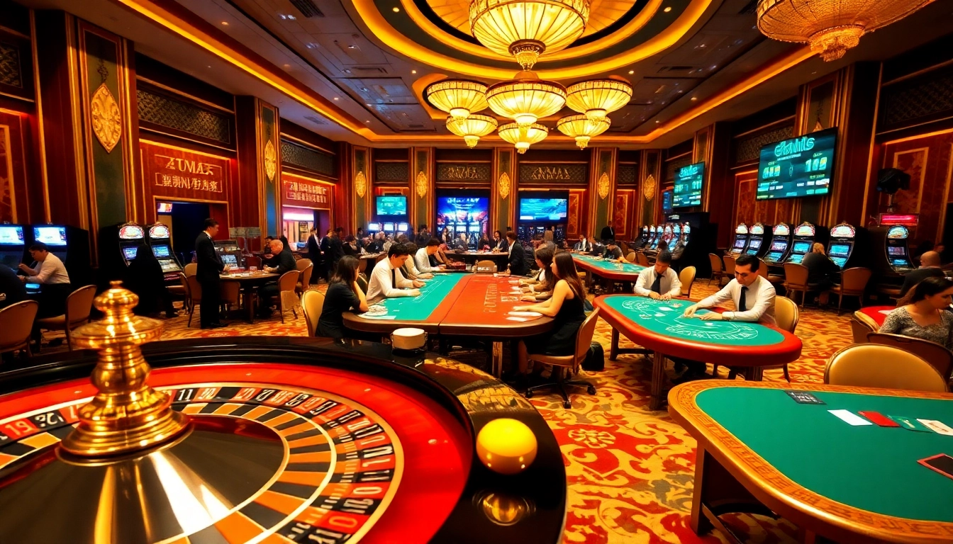 Engaged players celebrating a Macau Prize event at a luxurious casino with vibrant gaming tables.