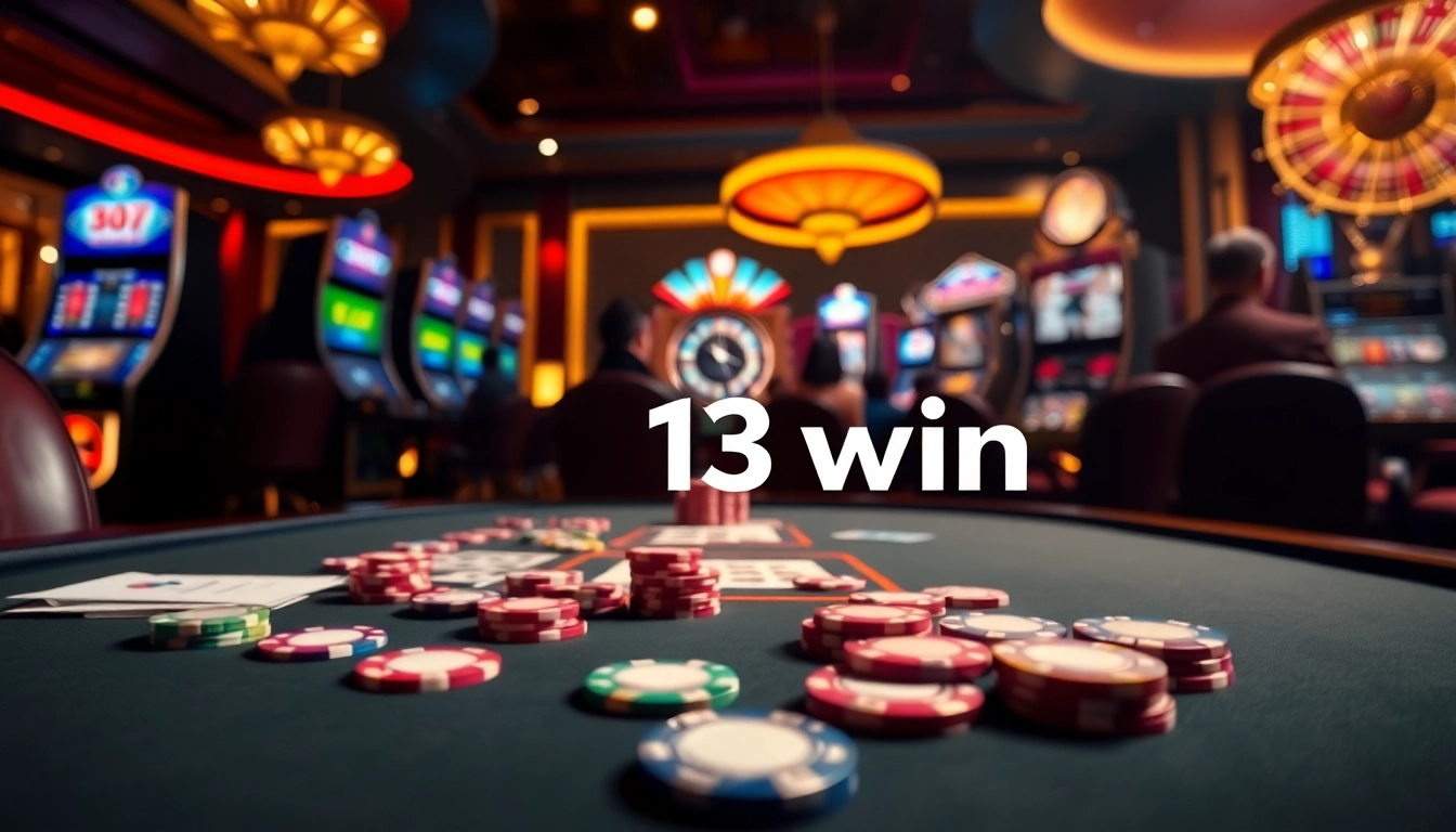 Exciting action at 13win casino with poker chips and slot machines in a luxurious setting.