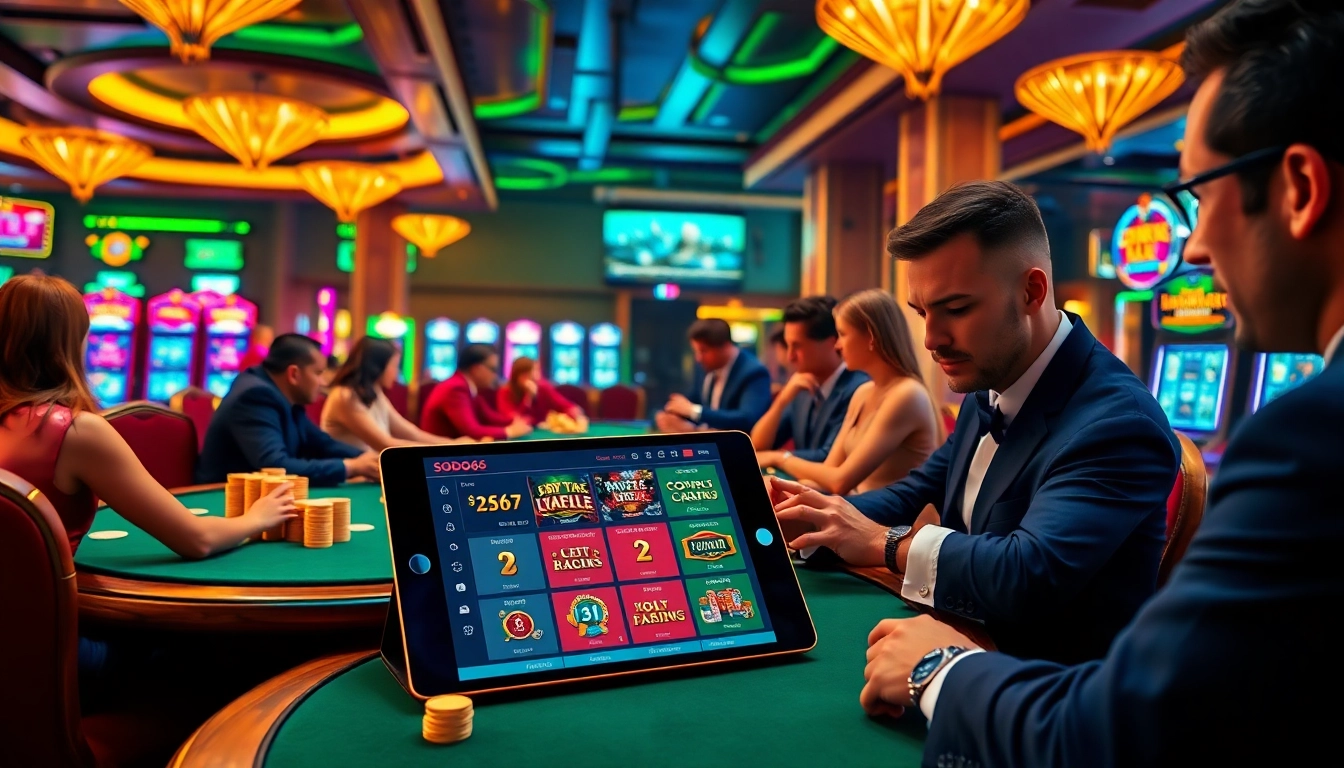 SODO66 players engaging in poker with stacked chips and vibrant slot machines in a luxury casino